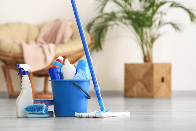 bucket with cleaning supplies sitting on floor of house 